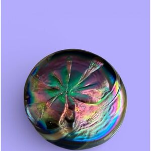 Carnival Art Glass Iridescent Disk Paperweight Signed LS 2011 Purple Blue Decor